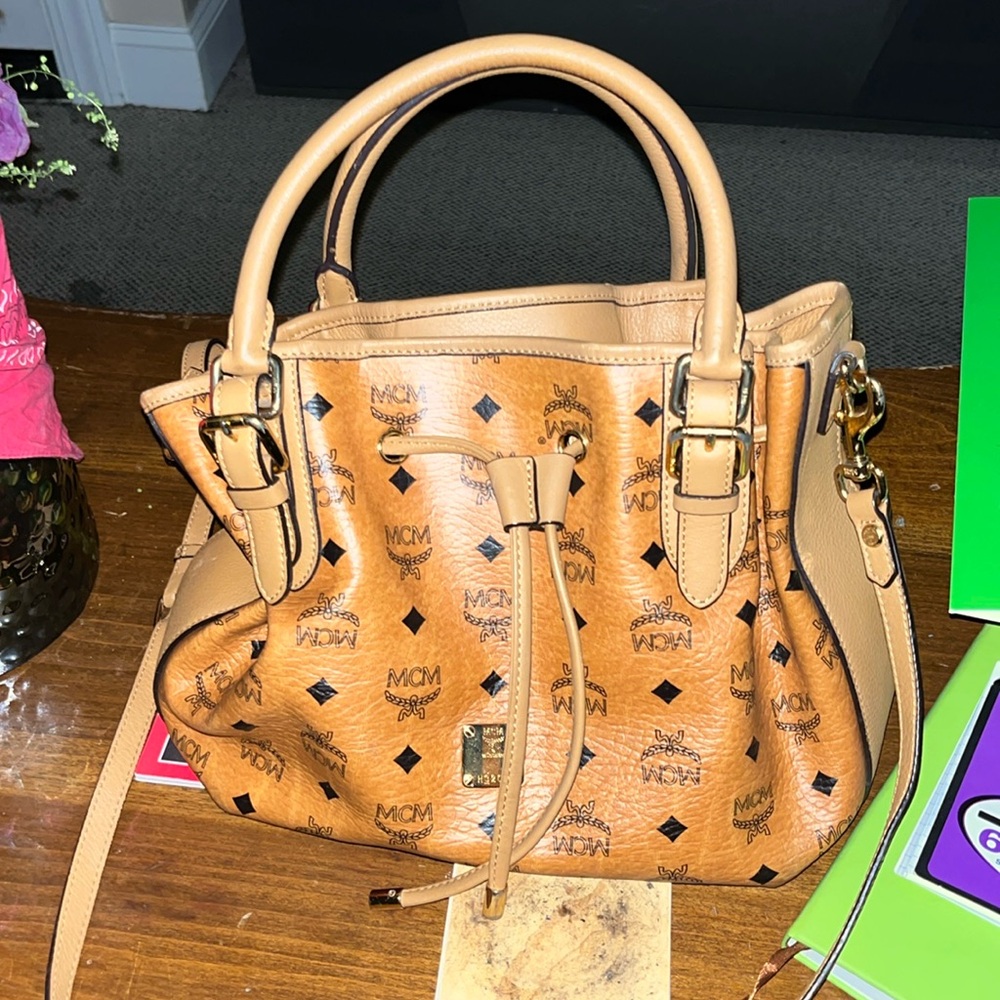 MCM Visetos Tan Satchel Two Way Crossbody